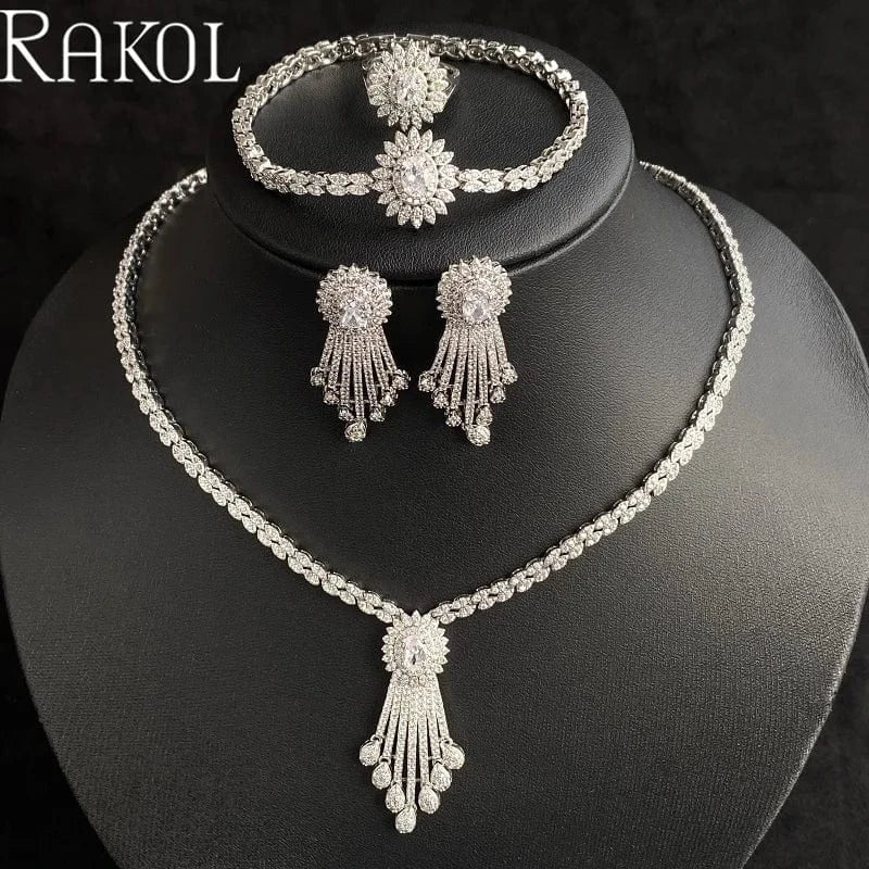 White RAKOL WSP05 Luxury 4 Pcs Tassel Drop Micro Insert Cubic Zircon Dubai Women Party Costume Jewelry Sets For Brides Wedding