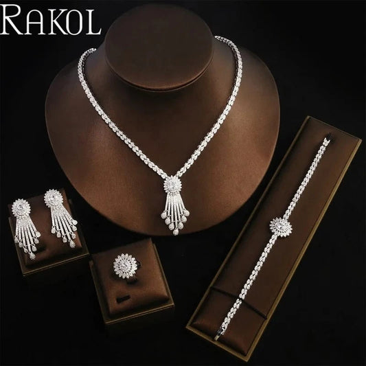 White RAKOL WSP05 Luxury 4 Pcs Tassel Drop Micro Insert Cubic Zircon Dubai Women Party Costume Jewelry Sets For Brides Wedding