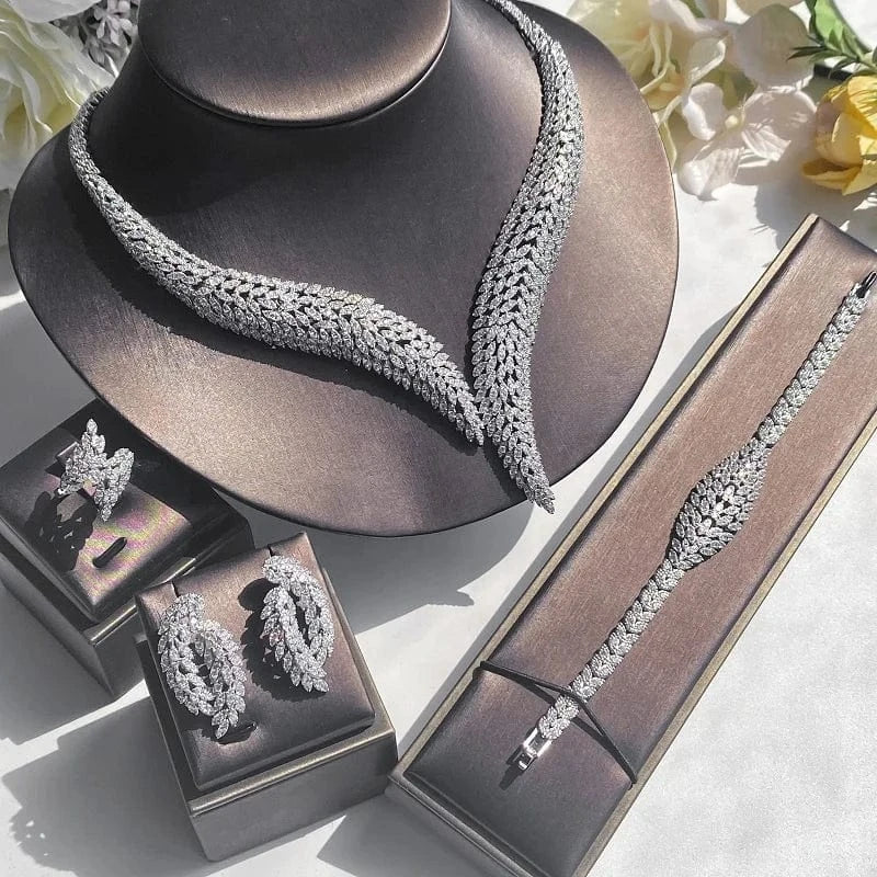 White RAKOL WSP06 4 Pcs Full Dubai Cubic Zirconia Pave Bridal Necklace Earring Bracelet Luxury Wedding Costume Jewelry Sets For Women
