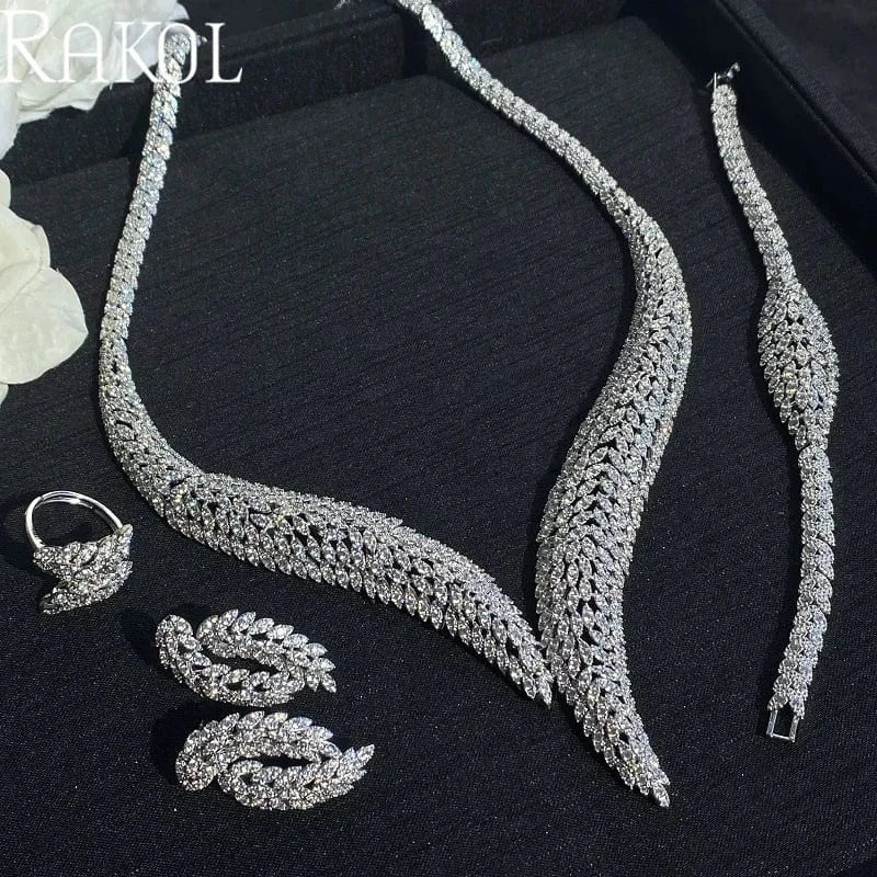 White RAKOL WSP06 4 Pcs Full Dubai Cubic Zirconia Pave Bridal Necklace Earring Bracelet Luxury Wedding Costume Jewelry Sets For Women