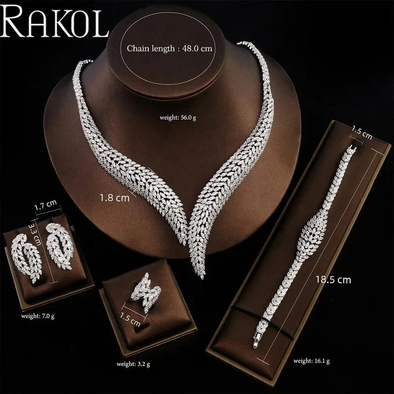 White RAKOL WSP06 4 Pcs Full Dubai Cubic Zirconia Pave Bridal Necklace Earring Bracelet Luxury Wedding Costume Jewelry Sets For Women