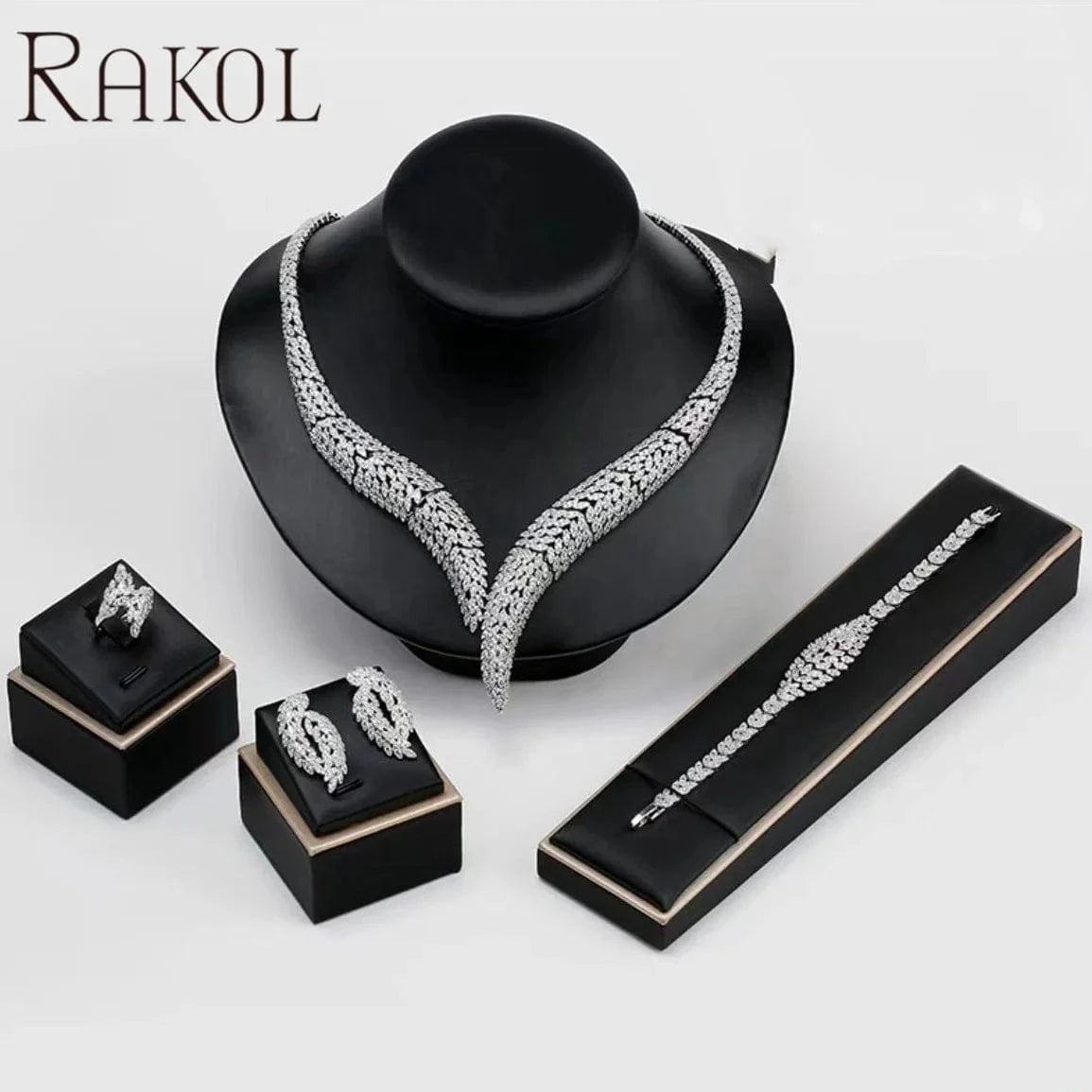 White RAKOL WSP06 4 Pcs Full Dubai Cubic Zirconia Pave Bridal Necklace Earring Bracelet Luxury Wedding Costume Jewelry Sets For Women