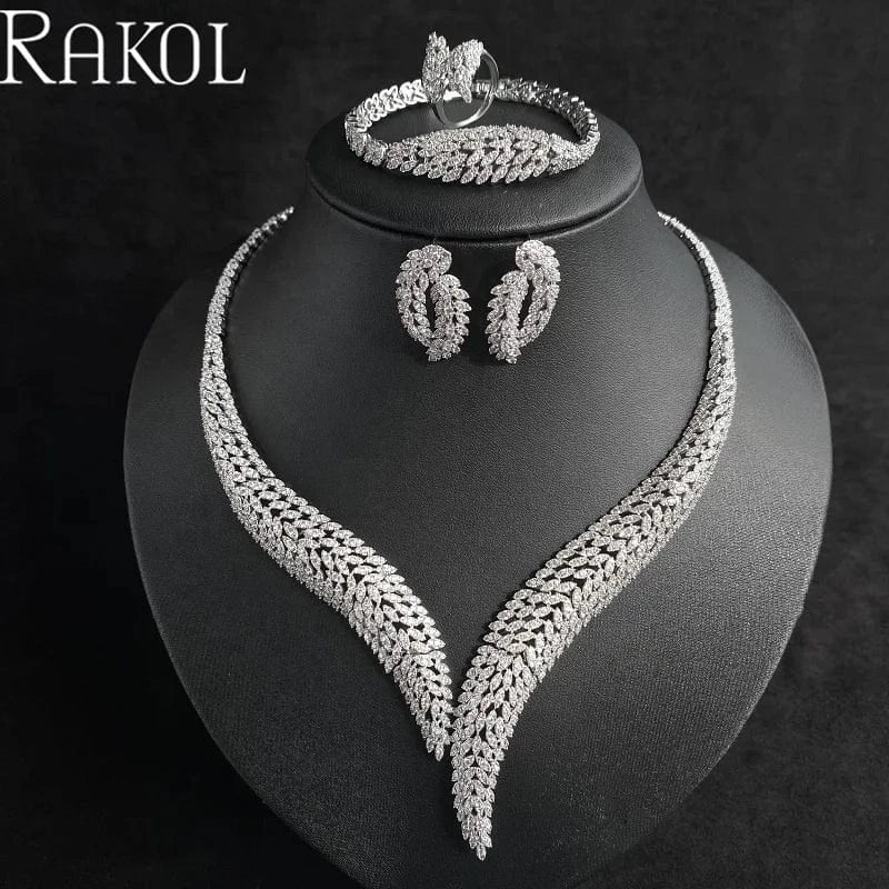 White RAKOL WSP06 4 Pcs Full Dubai Cubic Zirconia Pave Bridal Necklace Earring Bracelet Luxury Wedding Costume Jewelry Sets For Women