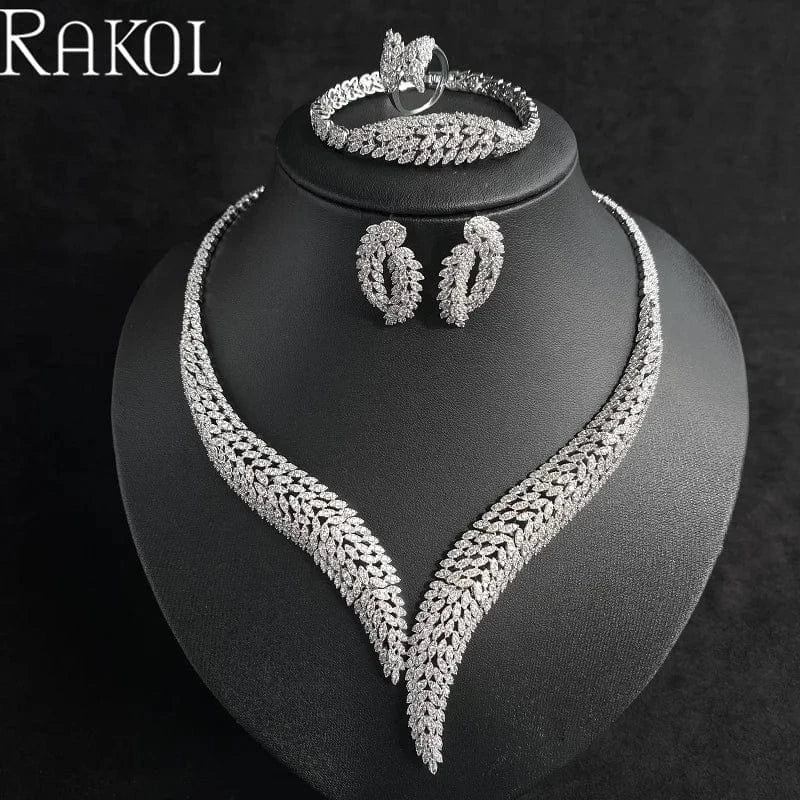 White RAKOL WSP06 4 Pcs Full Dubai Cubic Zirconia Pave Bridal Necklace Earring Bracelet Luxury Wedding Costume Jewelry Sets For Women