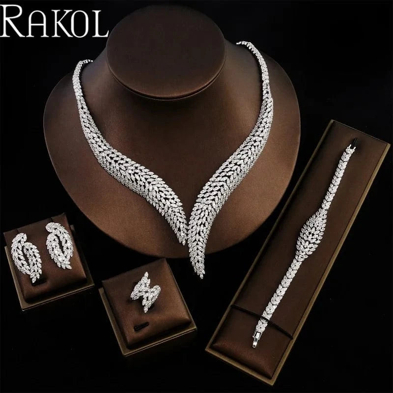 White RAKOL WSP06 4 Pcs Full Dubai Cubic Zirconia Pave Bridal Necklace Earring Bracelet Luxury Wedding Costume Jewelry Sets For Women