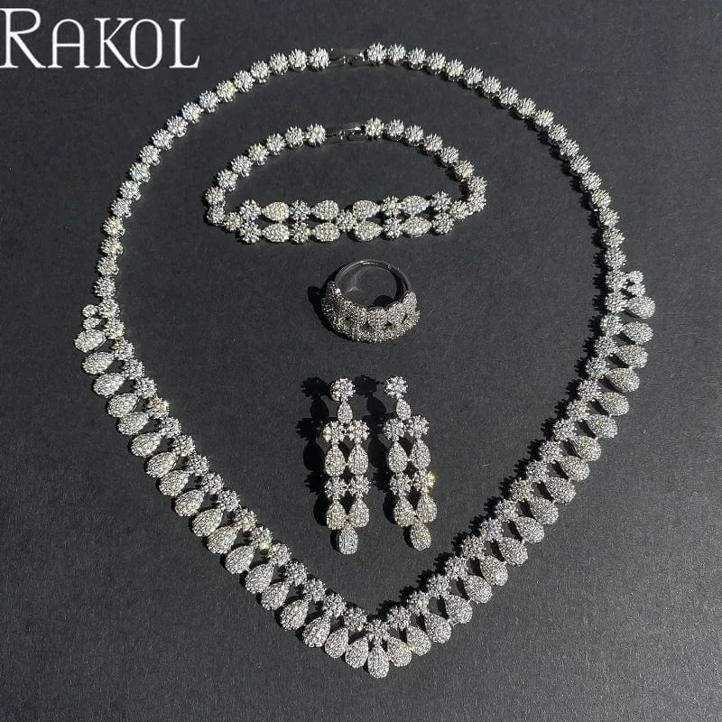 White RAKOL WSP10 Dubai Luxury Micro Insert Cubic Zircon Accessories For Wedding Party Bridal Pendant Necklace 4 pcs Jewelry Sets