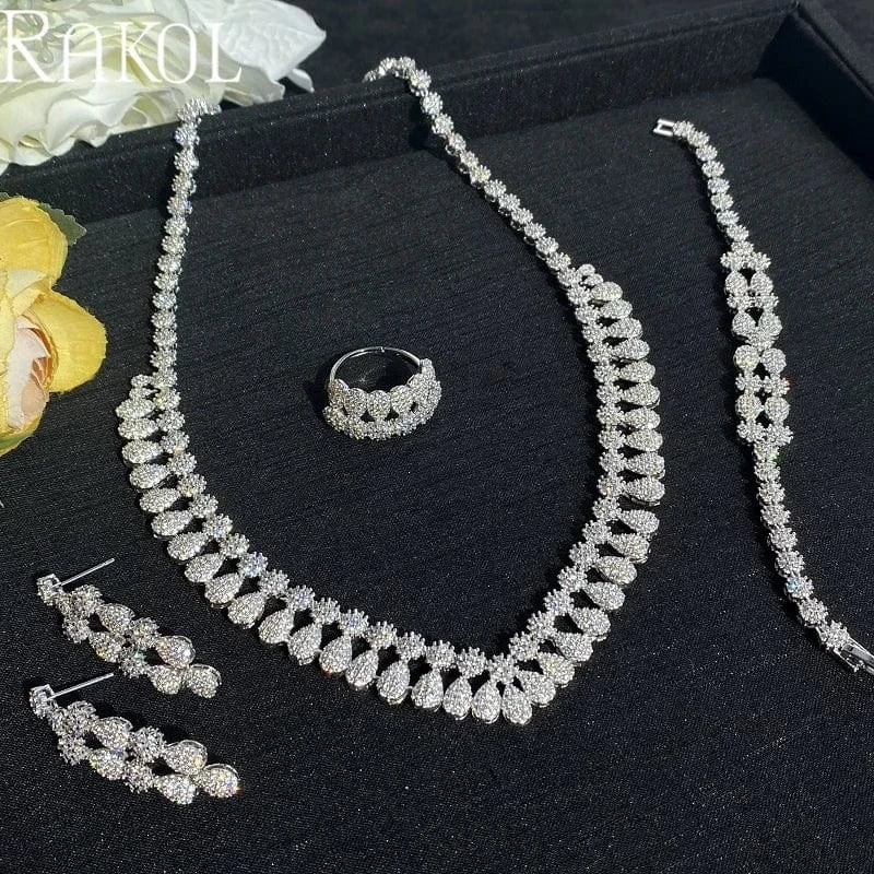White RAKOL WSP10 Dubai Luxury Micro Insert Cubic Zircon Accessories For Wedding Party Bridal Pendant Necklace 4 pcs Jewelry Sets
