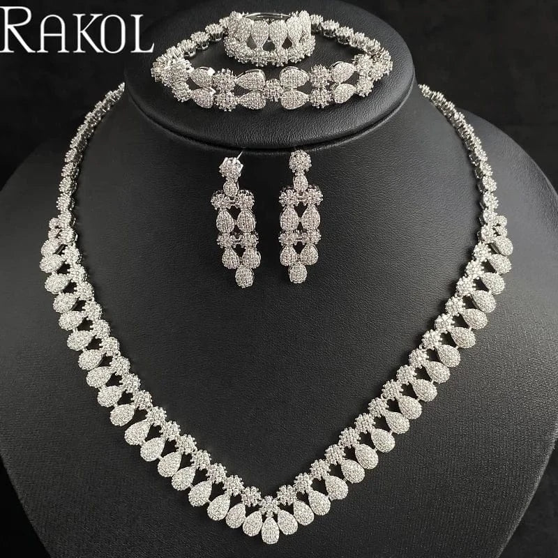 White RAKOL WSP10 Dubai Luxury Micro Insert Cubic Zircon Accessories For Wedding Party Bridal Pendant Necklace 4 pcs Jewelry Sets