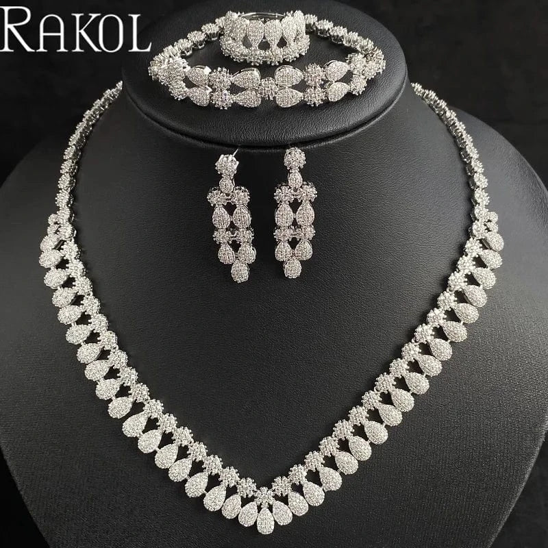 White RAKOL WSP10 Dubai Luxury Micro Insert Cubic Zircon Accessories For Wedding Party Bridal Pendant Necklace 4 pcs Jewelry Sets