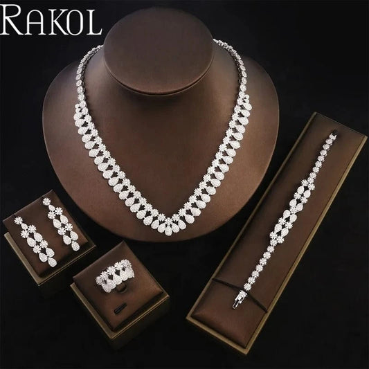 White RAKOL WSP10 Dubai Luxury Micro Insert Cubic Zircon Accessories For Wedding Party Bridal Pendant Necklace 4 pcs Jewelry Sets
