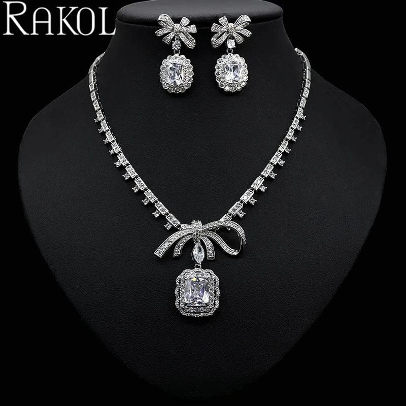 White RAKOL ZPS220 Romantic Square Zircon Crystal Necklace Jewelry Set Bowknot Earrings Jewelry Set For Wedding Party Jewelry