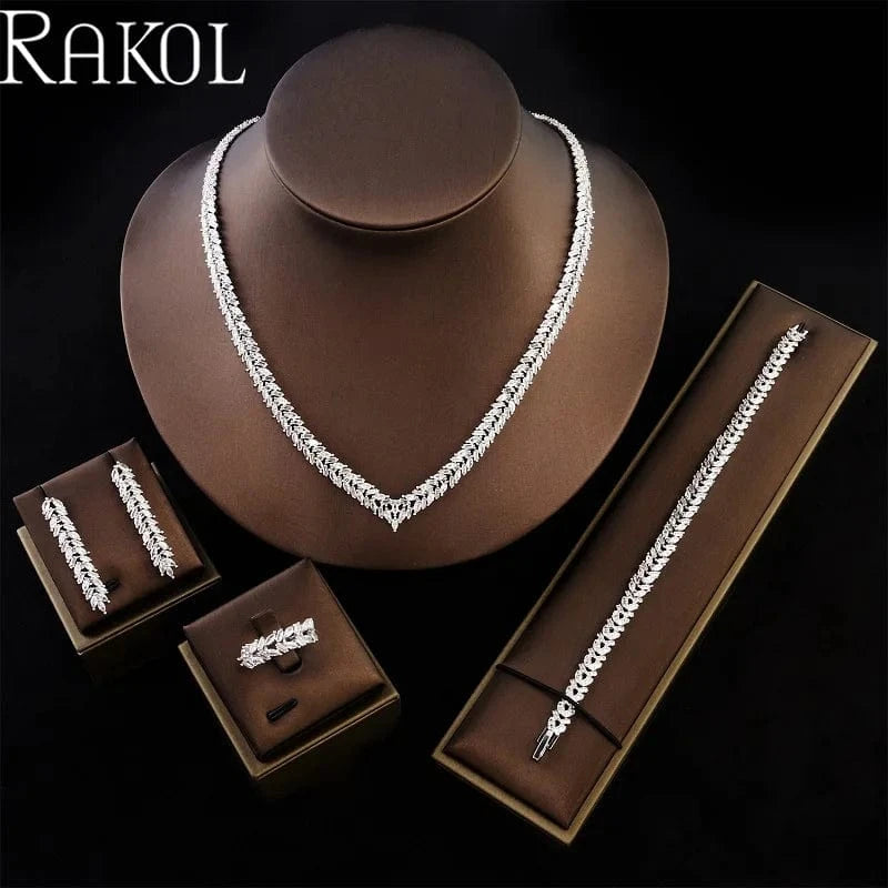 White RAKOL ZPS232 Luxury Crystal Sterling Silver Jewellery Set Cubic Zirconia Wedding Necklace Earring Ring Bracelet Jewelry Sets