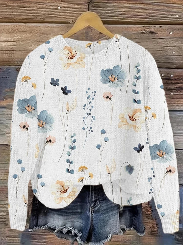 White / S 2025 Autumn and Winter New Women's Flower Embroidery Pattern Comfortable Knitted Sweater Retro Art Round Neck Casual Sweater
