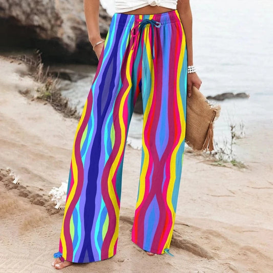 WHITE / S Fashion Rainbow Ripple Printed Casual Beach Pants Dopamine Style Summer Loose Soft Wide Leg Pants Versatile Party Outfit