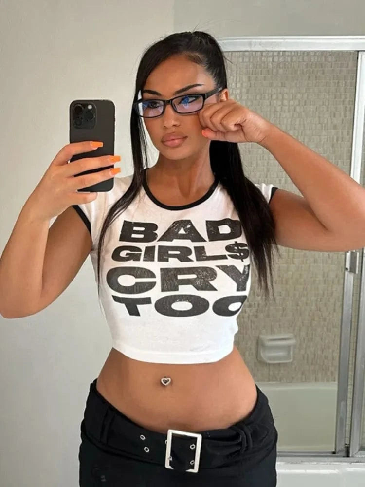 White / S Joskaa 2025 Summer Women's Graphic Print T-Shirt Casual Color Block O-Neck Short Sleeve Slim Tees Y2K Streetwear Fashion Tops