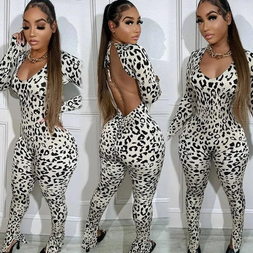 WHITE / S Sexy Open Back Leopard Jumpsuits Women Long Sleeve V-neck Skinny Split Flare Pants Rompers Clubwear Party One Piece Jumpsuit