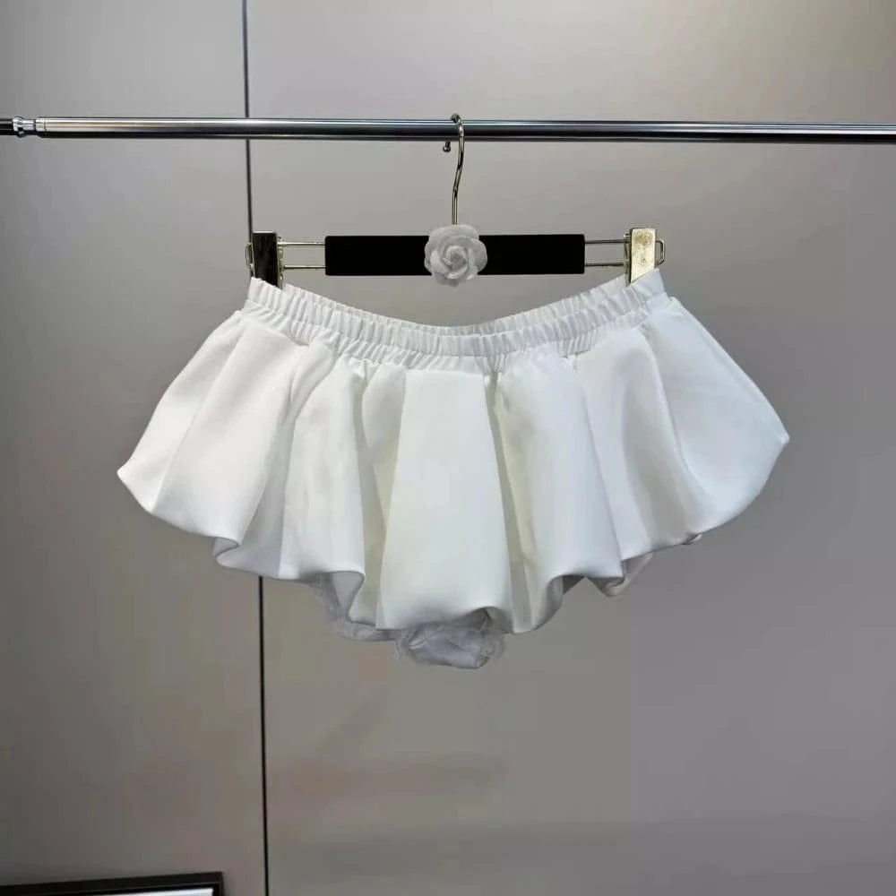 WHITE / S VGH Hotsweet Flower Bud Skirt for Women Spliced Elastic Pleated Slimming Solid Summer Fashion Short Skirts Female Clothing New