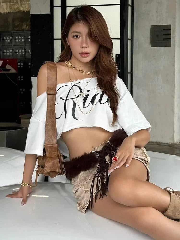 WHITE / S Weird Puss Letter Print Crop Tops Women Summer Trend Wild Biased Collar Street Skinny Simple Classic Streetwear Daily Soft Tees