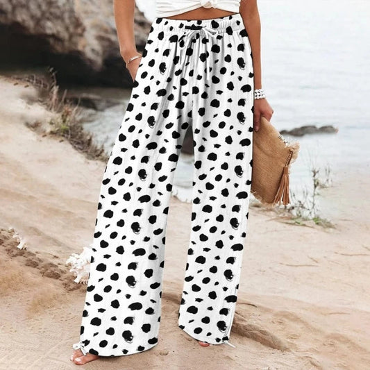 WHITE / S Women's Casual Polka Dot Print Trousers Summer 2024 New Loose Soft High-Quality Wide-Leg Trousers Holiday Wear