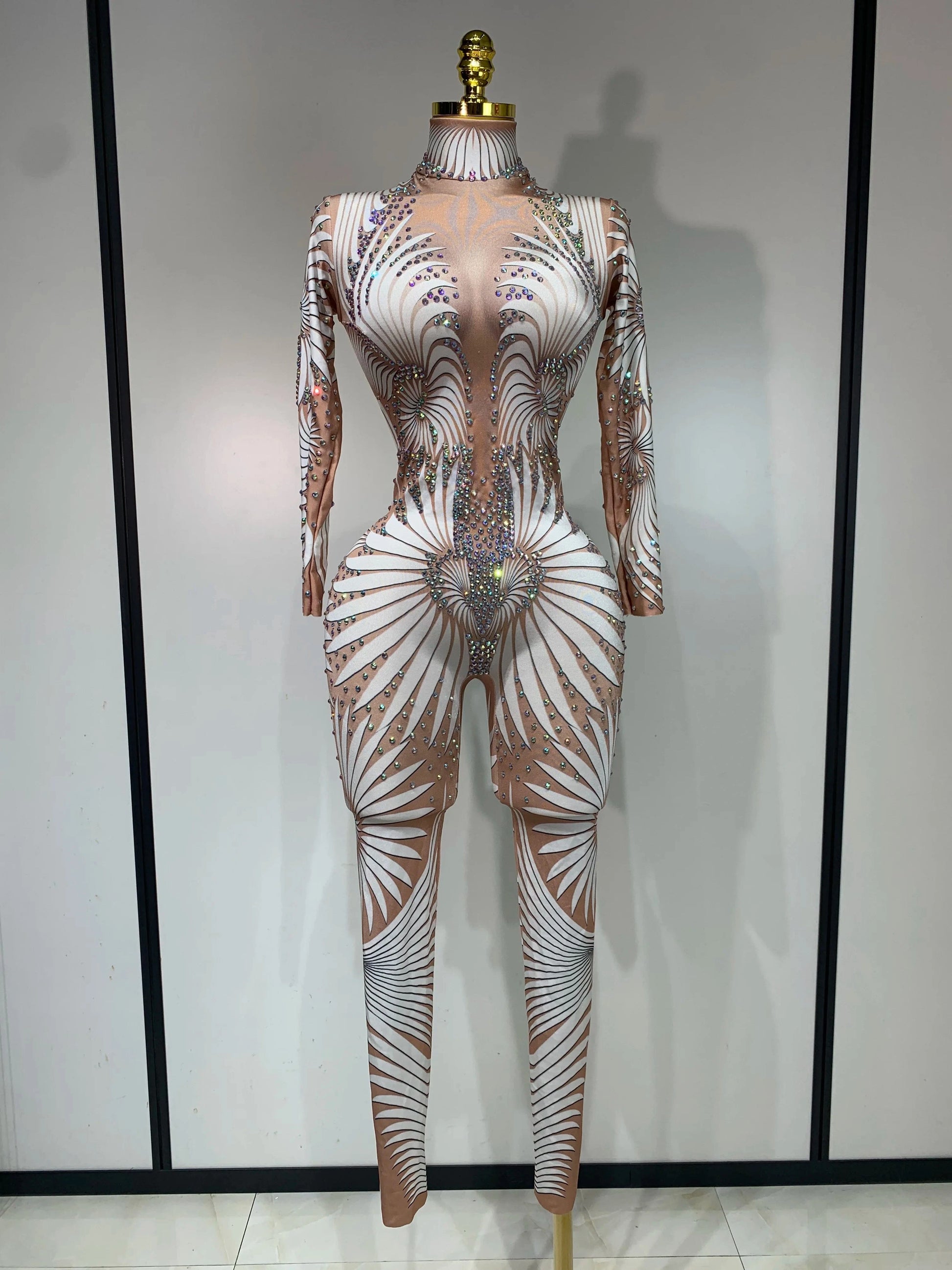 WHITE / S Women Sexy High Stretch Jumpsuit Long Sleeeve Holiday Party Cosplay Costume Nightclub Dancer Outfit Sparkly Diamond Stage Wear