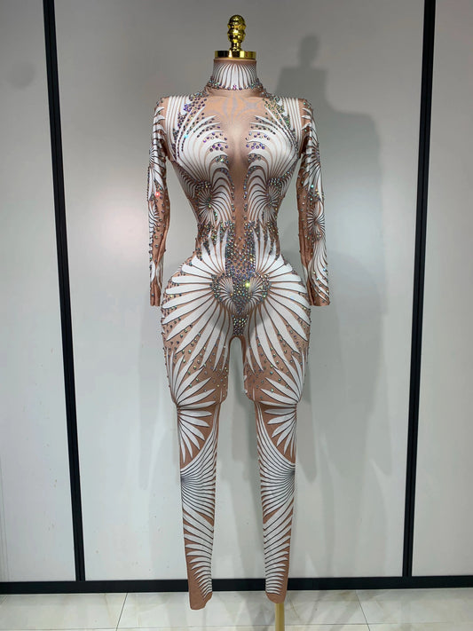 WHITE / S Women Sexy High Stretch Jumpsuit Long Sleeeve Holiday Party Cosplay Costume Nightclub Dancer Outfit Sparkly Diamond Stage Wear