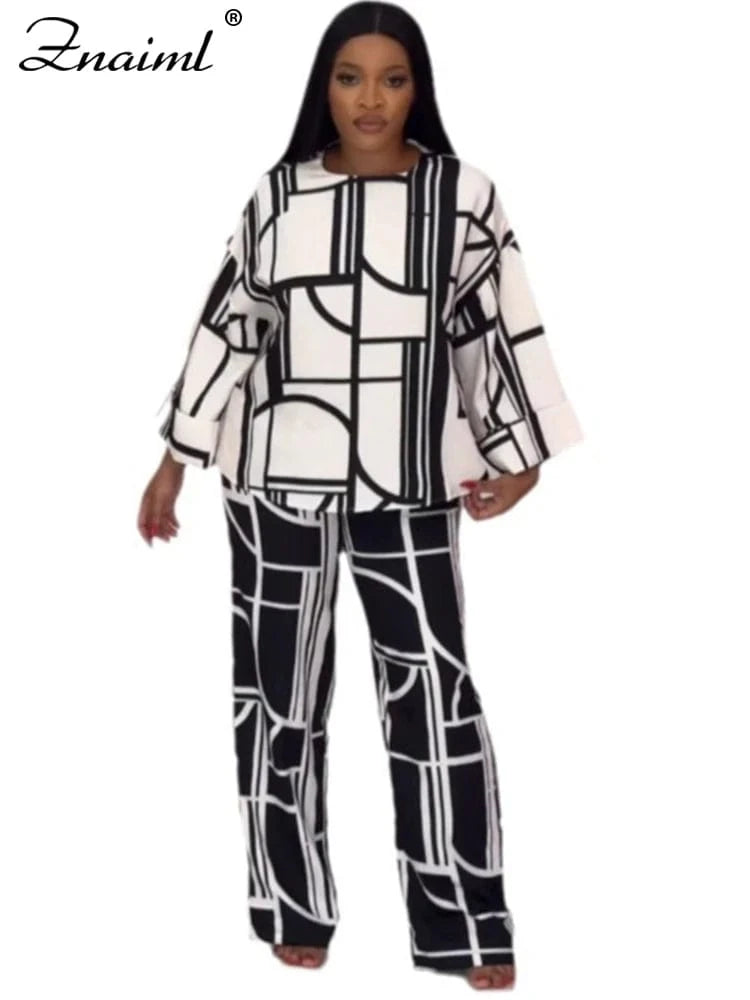 white sets / S Znaiml Fashion Printing Wide Leg Pants Sets for Women O Neck Long Sleeve Loose Top and Trousers Two Pieces Streetwear Outfits