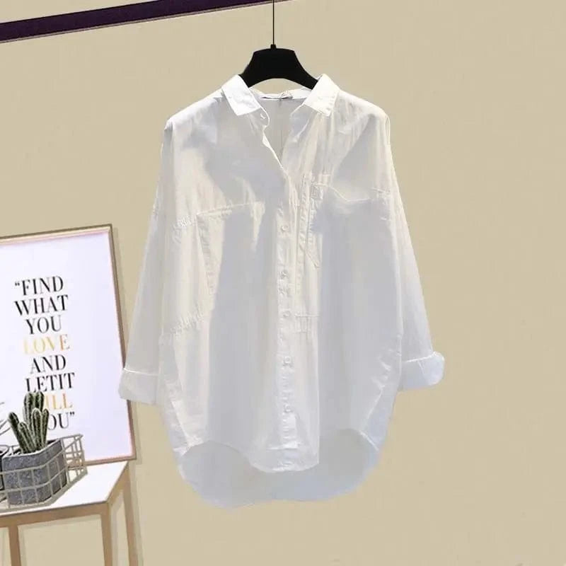 white shirt / XXL 62.5-67.5KG Spring/Summer Fashion Women's Set 2023 New Korean Edition Age Reducing Sling Casual Shirt Shorts Three Piece Set