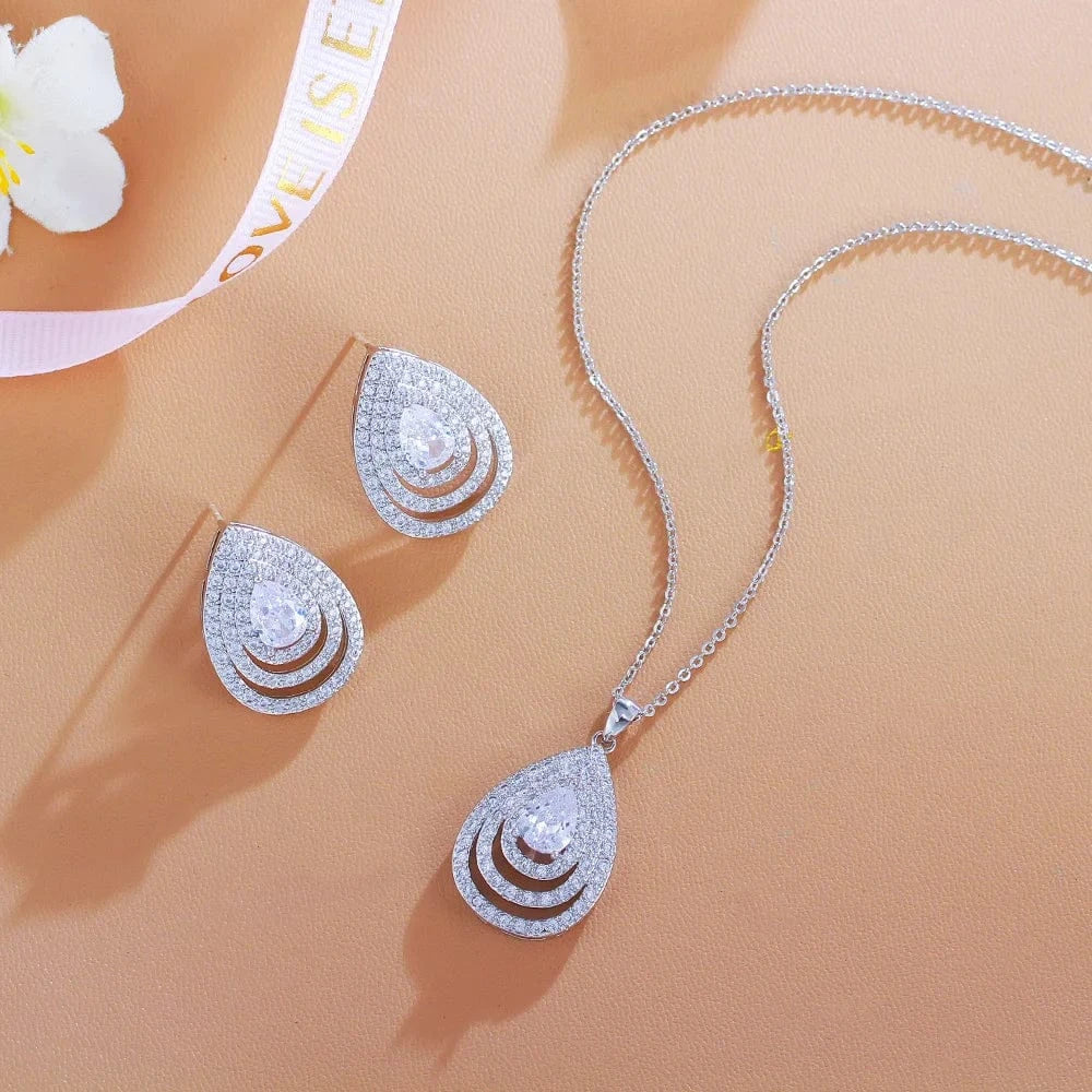 White-T0044-Bai Elegant Earrings and Necklace Ladies Blue Cubic Zirconia Stone Teardrop Fashion Party Jewelry Set For Girls Women Daily Wear