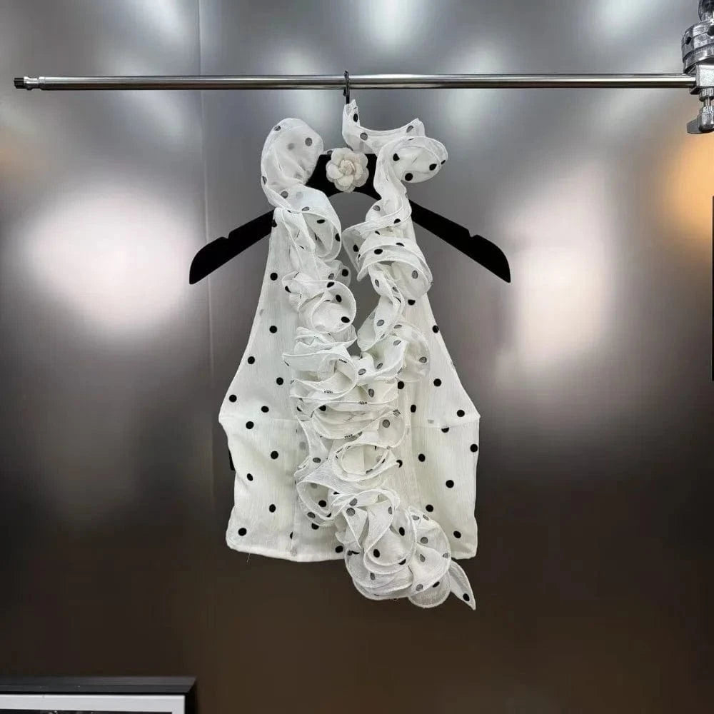 WHITE TOP / S VGH Dot Printing Two Piece Set for Women Halter Neck Sleeveless Spliced Ruffles Edge Vest Mini Skirt French Fashion Sets Female