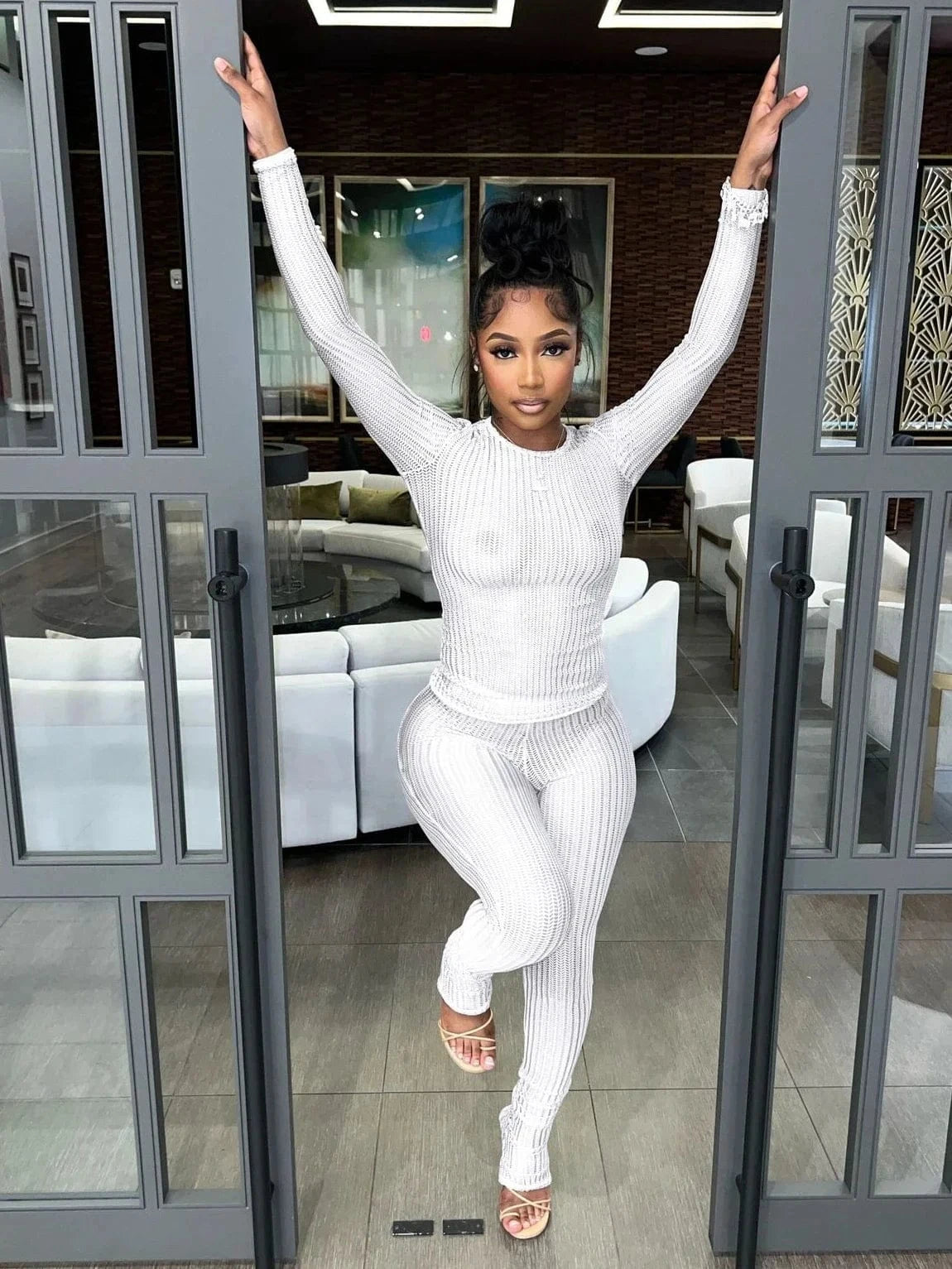 White / XL CM.YAYA Fashion See Though Women's Set Long Sleeve T-shirt and Flare Pants 2024 Active Street Two 2 Piece Sets Outfits Tracksuit