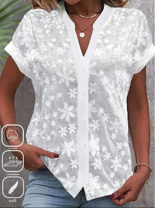 WHITE / XL Cropped Shirt White Lace Blouse Eyelet Cut Embroidery Top Wear Hollow Out Women's Summer Clothing
