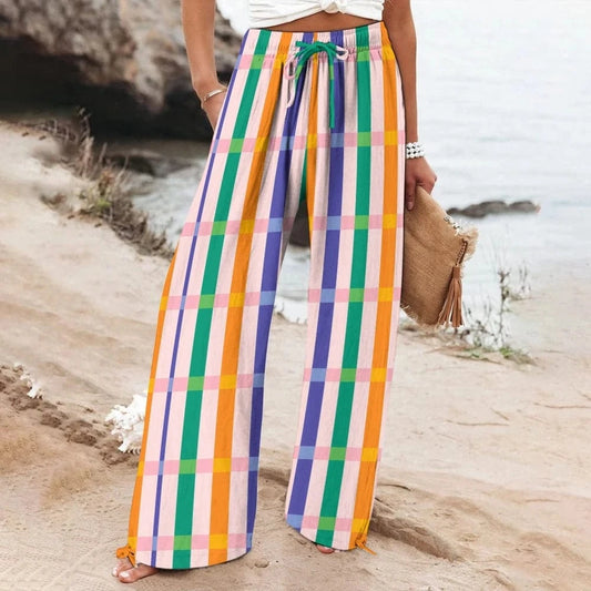 WHITE / XL New Color Striped Pants Outfits Women's Fashion Straight Pants Cotton Loose Casual High Waist Wide Leg Trousers Beach Vacation