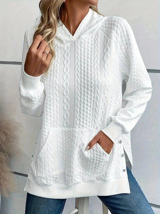 WHITE / XL Plus Size Casual Sweatshirt, Women's Plus Solid Cable Long Sleeve Button Hoodie With Pockets