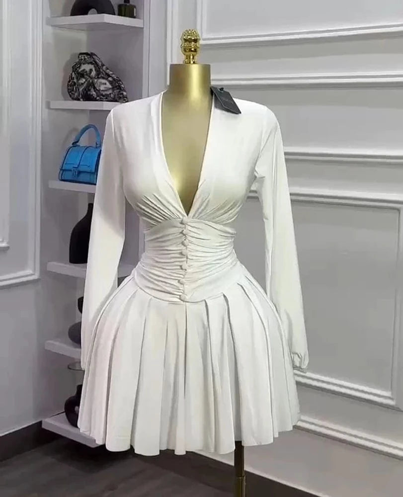 White / XL Women Elegant V-Neck Long Sleeve Pleated Dress 2025 Buttons Tunic Waist Sexy Evening Party Luxury Casual Short A Line Dresses