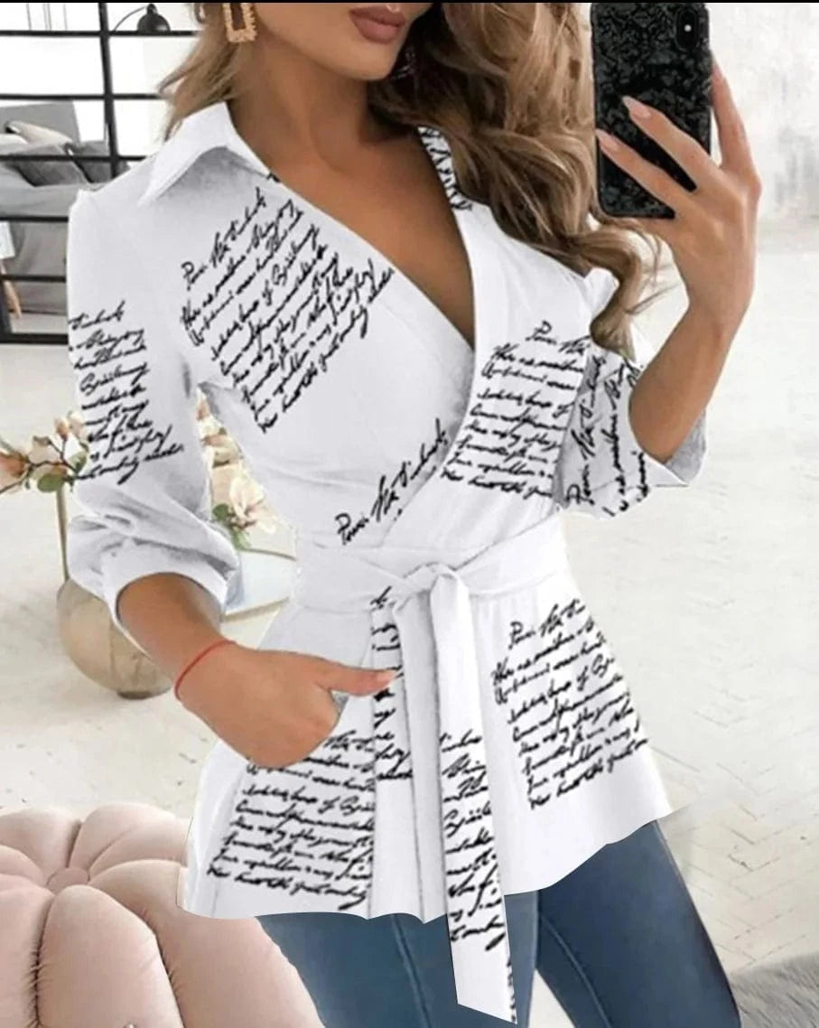 WHITE / XXL Spring Autumn Printed Work Shirt Tops Women Casual V Neck Long Sleeve Party Club Business Blouse Top with Belt
