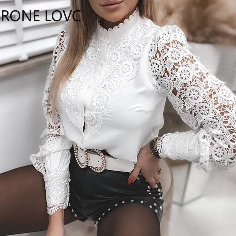 WHITE / XXL White Elegant Lace Hollow Out Women Blouse 2024 Spring Long Sleeve Shirts Y2K Buttons Mesh Top Autumn Vintage Ladies Clothes