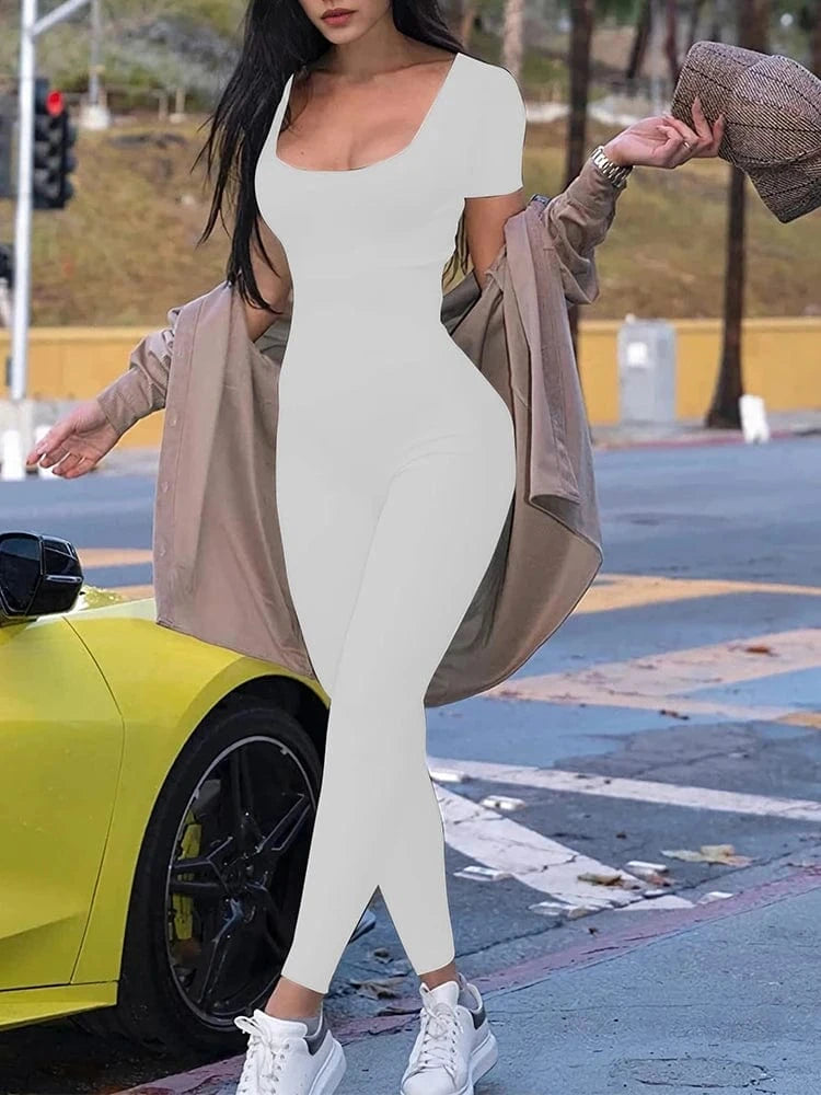 White / XXL Women's Rompers Short Sleeve Solid Skinny Bodycon Jumpsuits Fashion Sports Fitness Casual Activity Streetwear Overalls