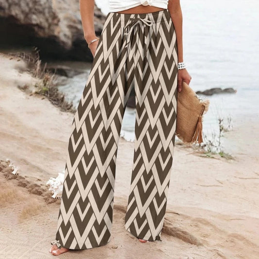 WHITE / XXXL Fashion Casual Loose Wide-Leg Pants Women's Design Printed Beach Pants Luxury High-Waisted High-Waisted Straight-Leg Pants