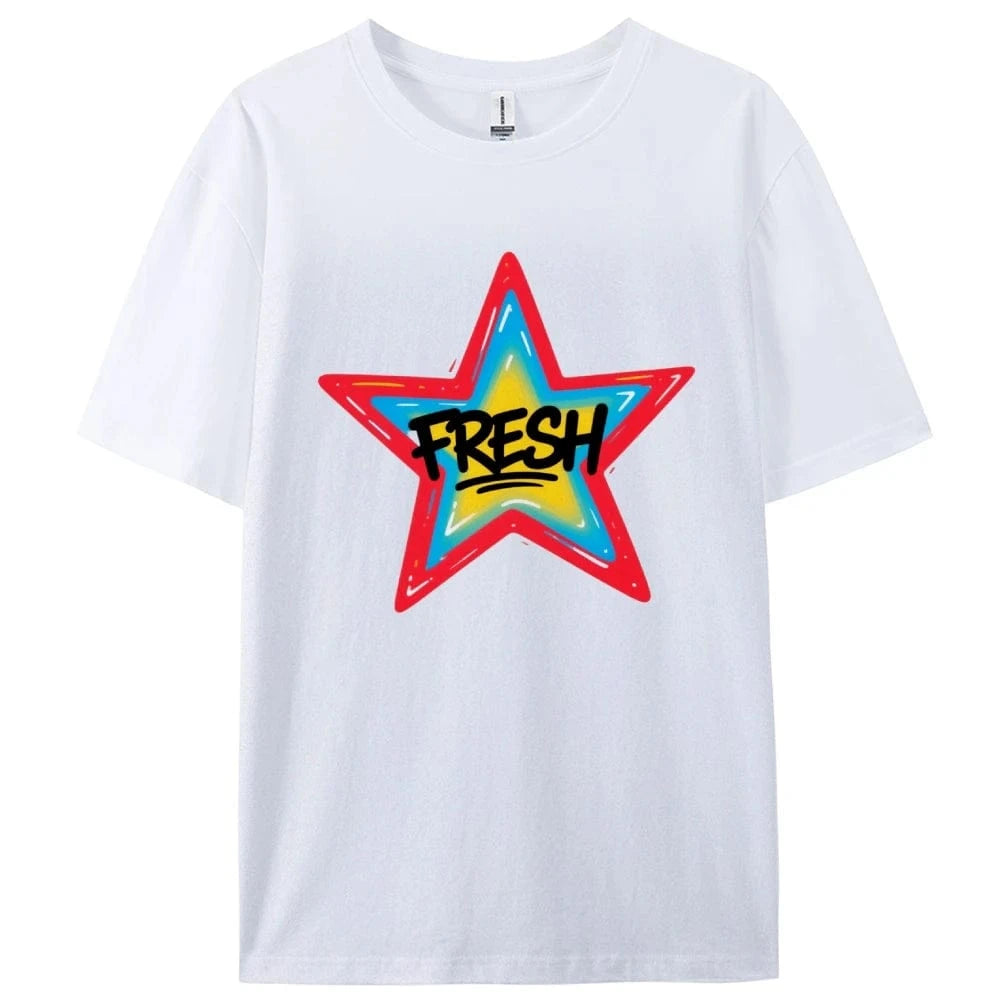 WHITE / XXXL Graffiti Style FRESH Colorful Star Graphic Tee Casual White T-Shirt with Vibrant Gradient Star Design for Trendy Urban Fashion