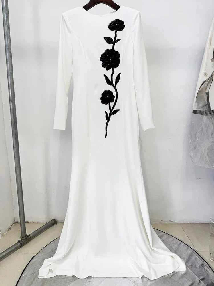 WHITE / XXXL HIGH STREET Newest Fashion 2025 Designer Women's Long Sleeve Flowers Beaded Elegant Maxi Long Dress