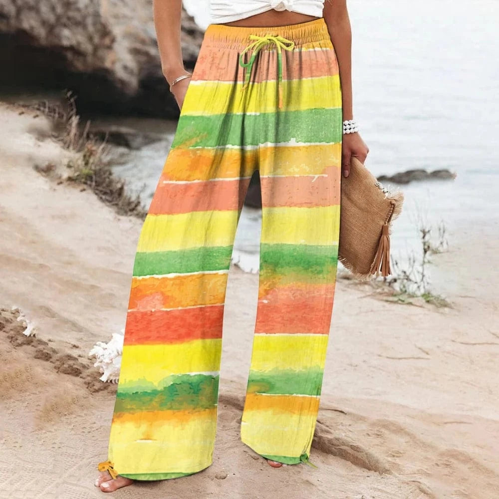 WHITE / XXXL New Gold Luxury Straight Pants Women's Loose Casual Beach Pants High Waist Splicing Fashion Summer Wide Leg Pants