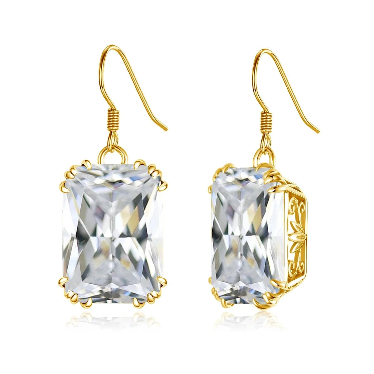 White zircon Handmade 18K Gold Square Amethyst Earrings  Women Wedding Party  Real Pure 925 Sterling Silver long earrings jewelry