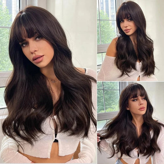 Whole Sale Nice Long Curly Ready Made Wig Manufacturer Product With Bangs Vendor Cheap Synthetic Hair Wavy Wigs For Black Women