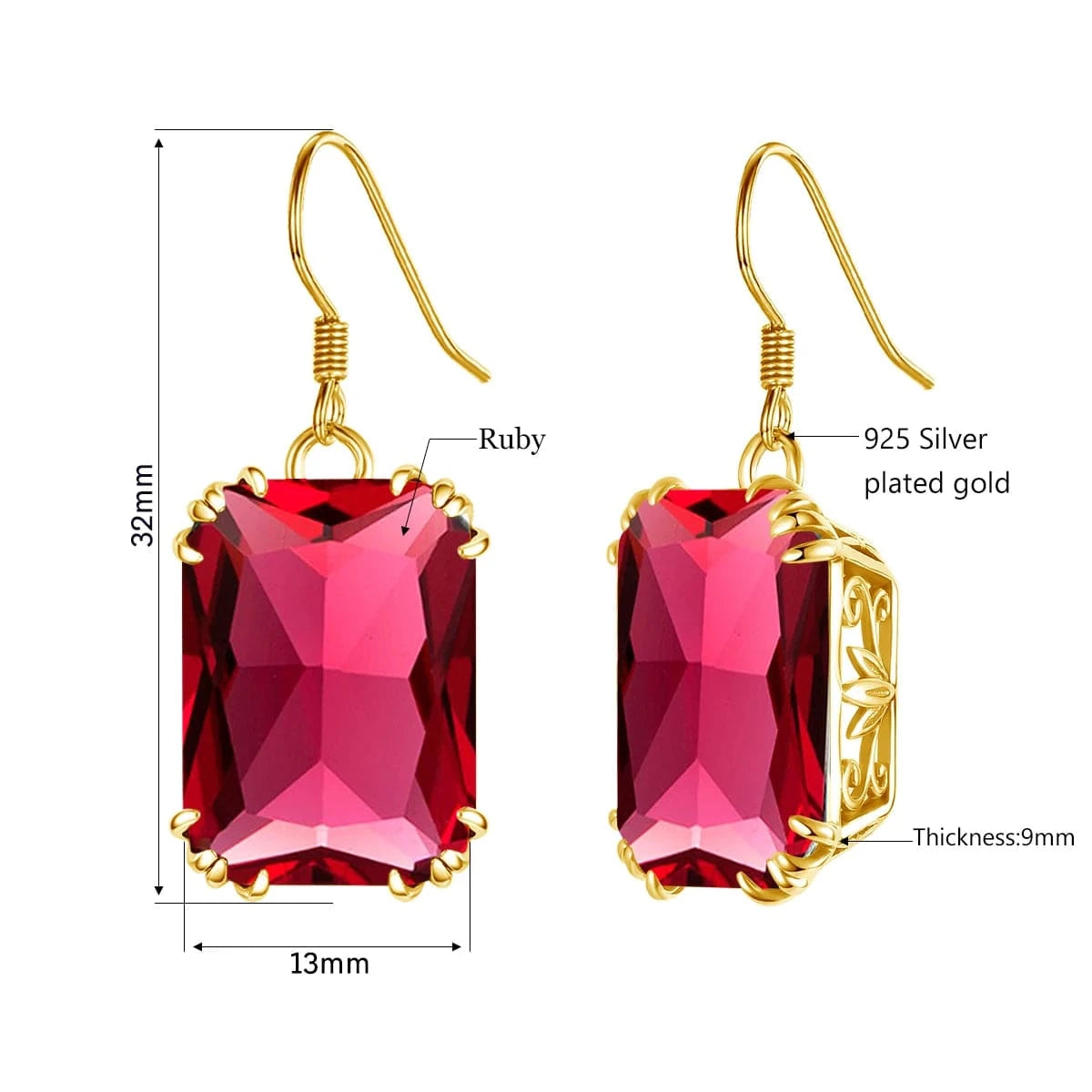 wholesale 18k Gold color Flower Earrings Red Ruby Square 925 Sterling Silver Women gemstone earrings jewelry