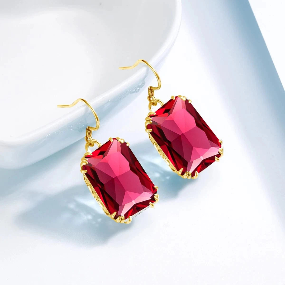 wholesale 18k Gold color Flower Earrings Red Ruby Square 925 Sterling Silver Women gemstone earrings jewelry