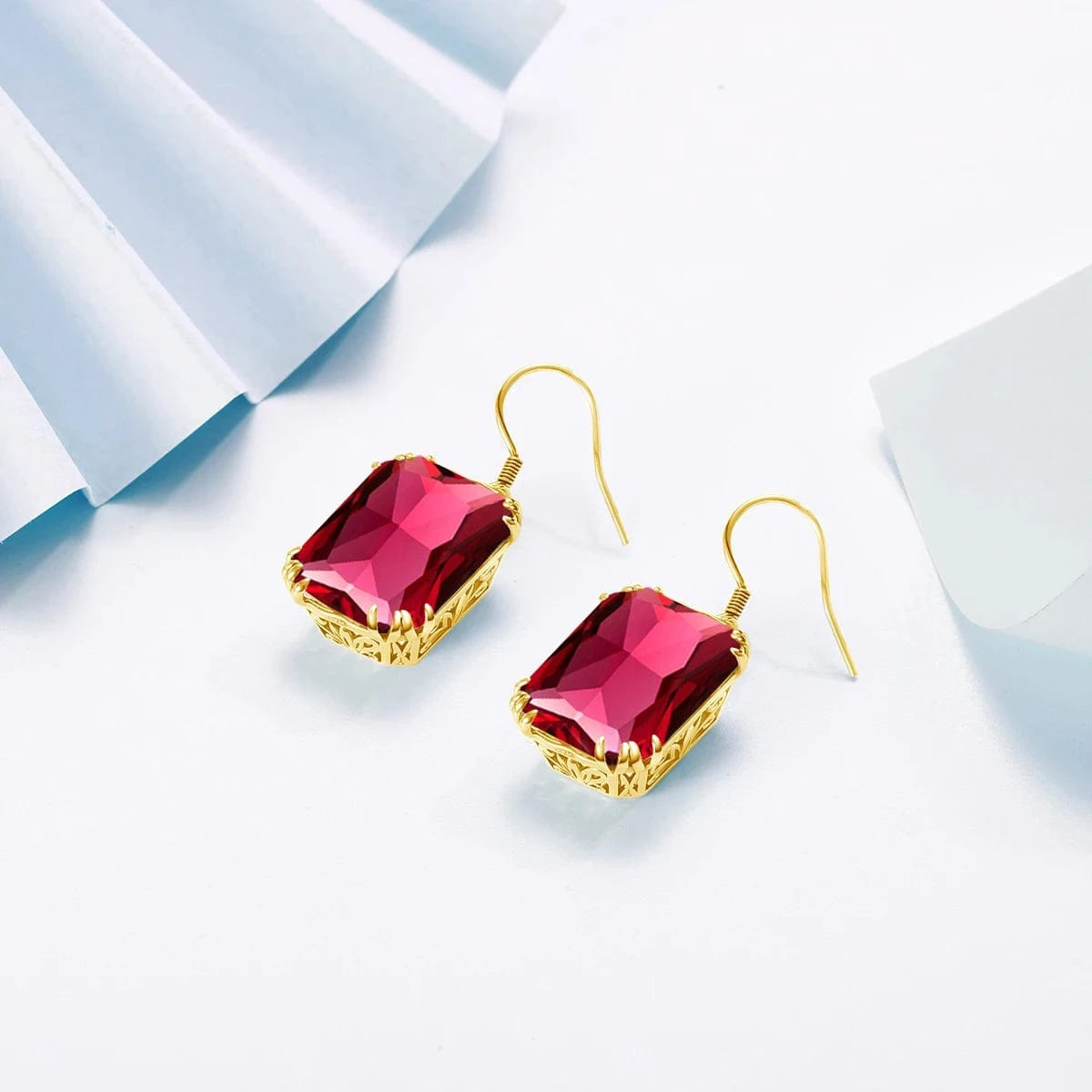 wholesale 18k Gold color Flower Earrings Red Ruby Square 925 Sterling Silver Women gemstone earrings jewelry