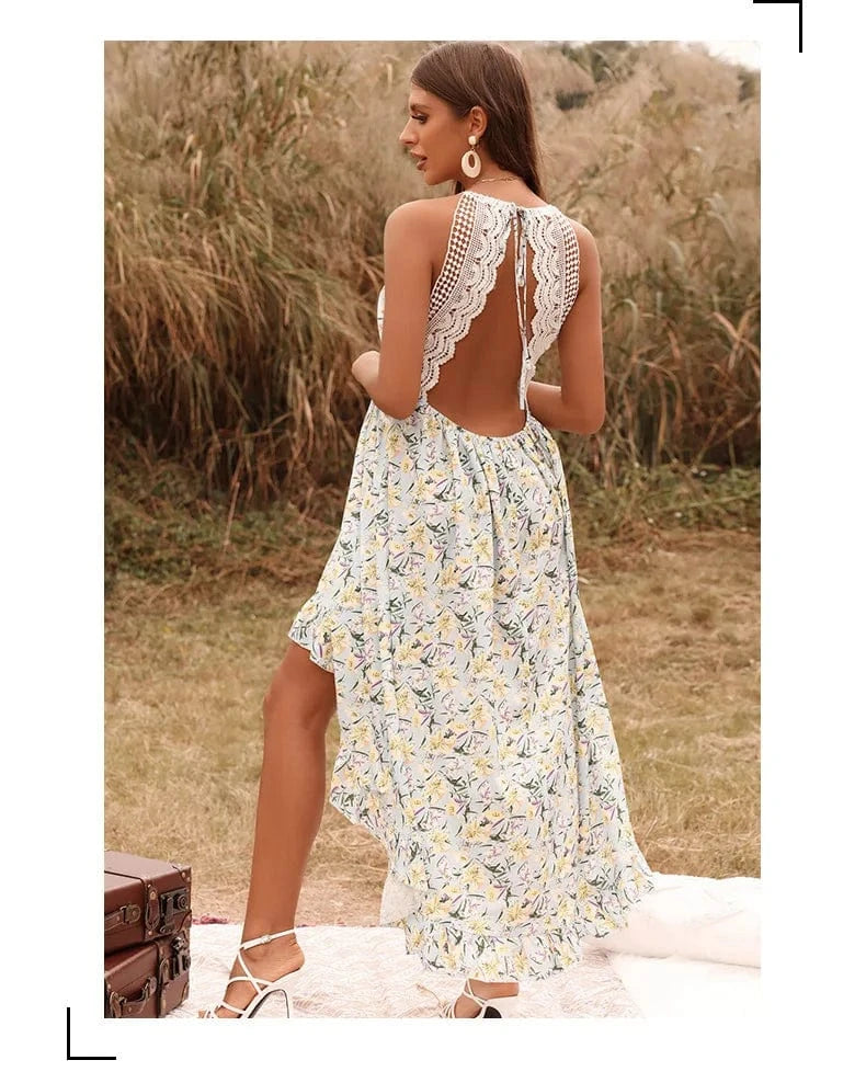 Wholesale 2022 Summer Long Dress Women Floral Print Sexy Deep V-neck Sleeveless Spaghetti Strap Backless Long Sundress