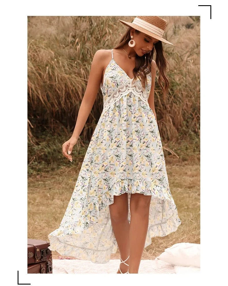 Wholesale 2022 Summer Long Dress Women Floral Print Sexy Deep V-neck Sleeveless Spaghetti Strap Backless Long Sundress