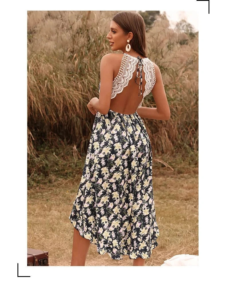 Wholesale 2022 Summer Long Dress Women Floral Print Sexy Deep V-neck Sleeveless Spaghetti Strap Backless Long Sundress