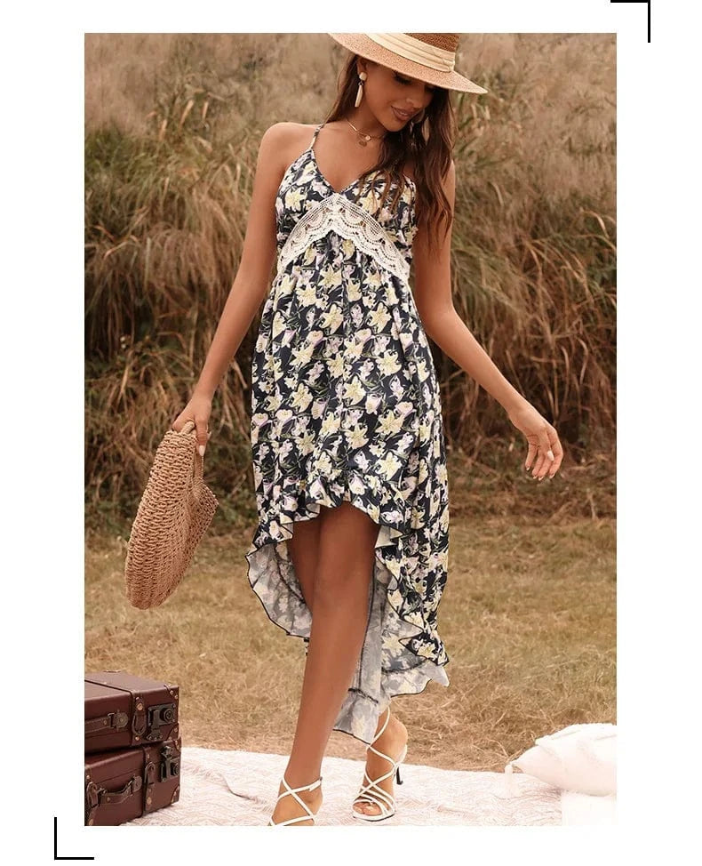 Wholesale 2022 Summer Long Dress Women Floral Print Sexy Deep V-neck Sleeveless Spaghetti Strap Backless Long Sundress